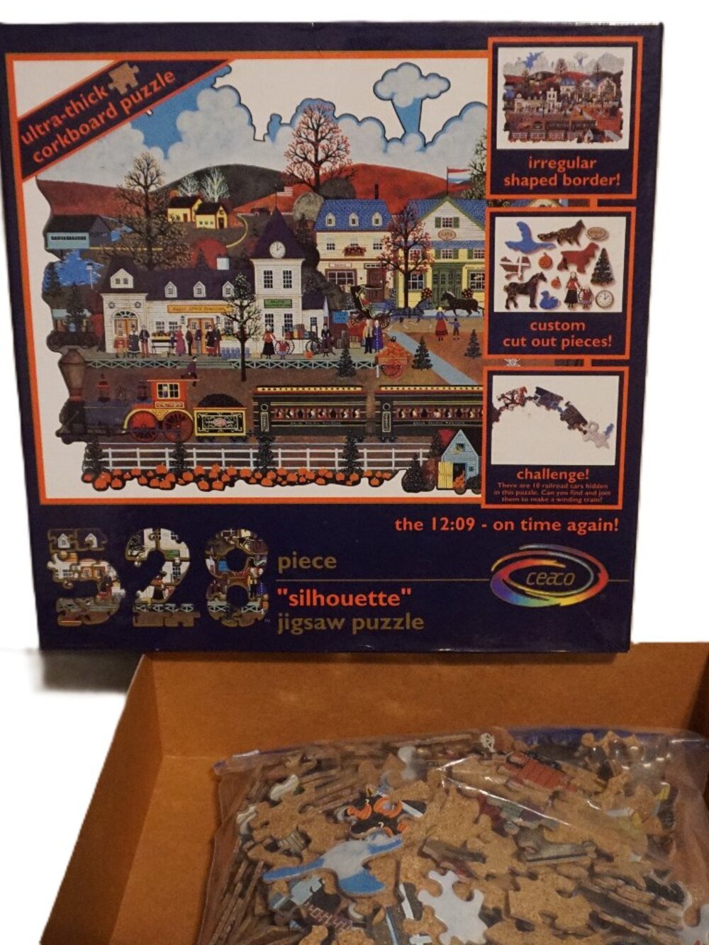 Ceaco 528 Piece Silhouette Jigsaw Puzzle “The 12:09 On Time Again” Cork Back